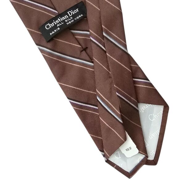 CHRISTIAN DIOR Vintage Brown Diagonal Stripe Print Silk Tie - Picture 2 of 3